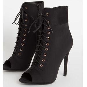 Sarah Siah Black Lace-Up Peep Toe Stiletto Ankle Booties